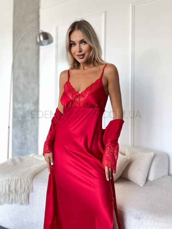 Червона довга шовкова комбінація 6020, Червоний, XL