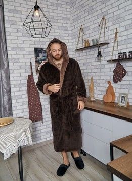 Фото Теплый халат для полных мужчин с капюшоном 4003